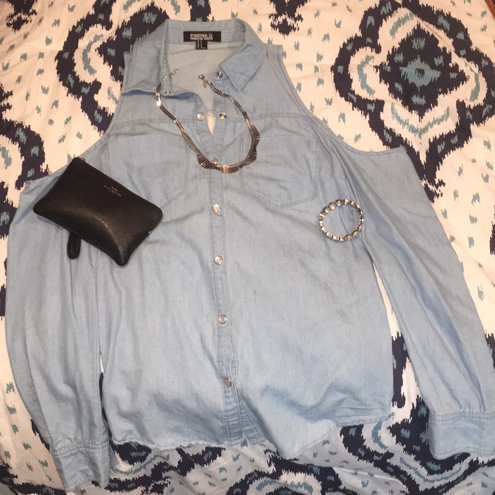 Forever 21 denim button down shirt lace back